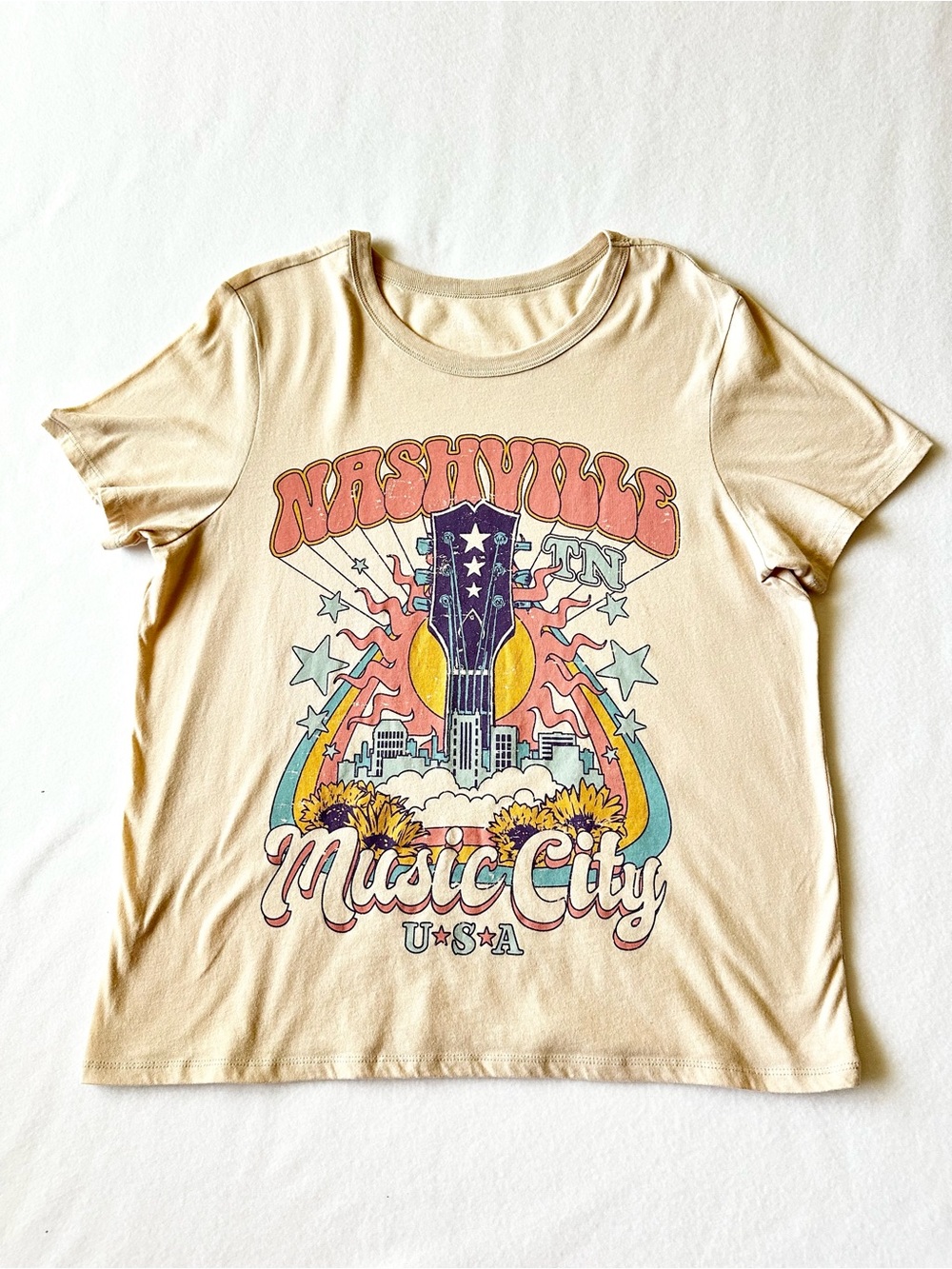 Zoe Liv Nashville Music City Graphic Tee Women Large Beige Short Sleeve